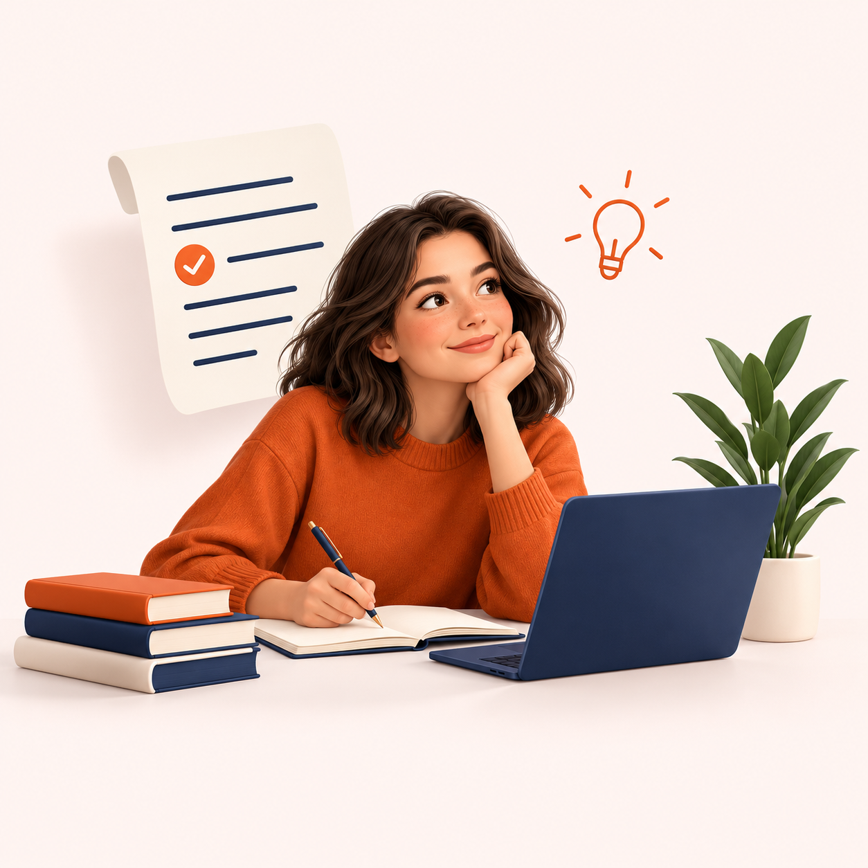 Illustration einer Studentin mit Büchern, Notizblock und Laptop
